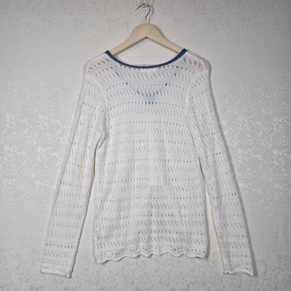Maurices Open Work Knit Sweater sz L Ivory Blue Ruched Cinch Tie V Neck NEW - Picture 6 of 14